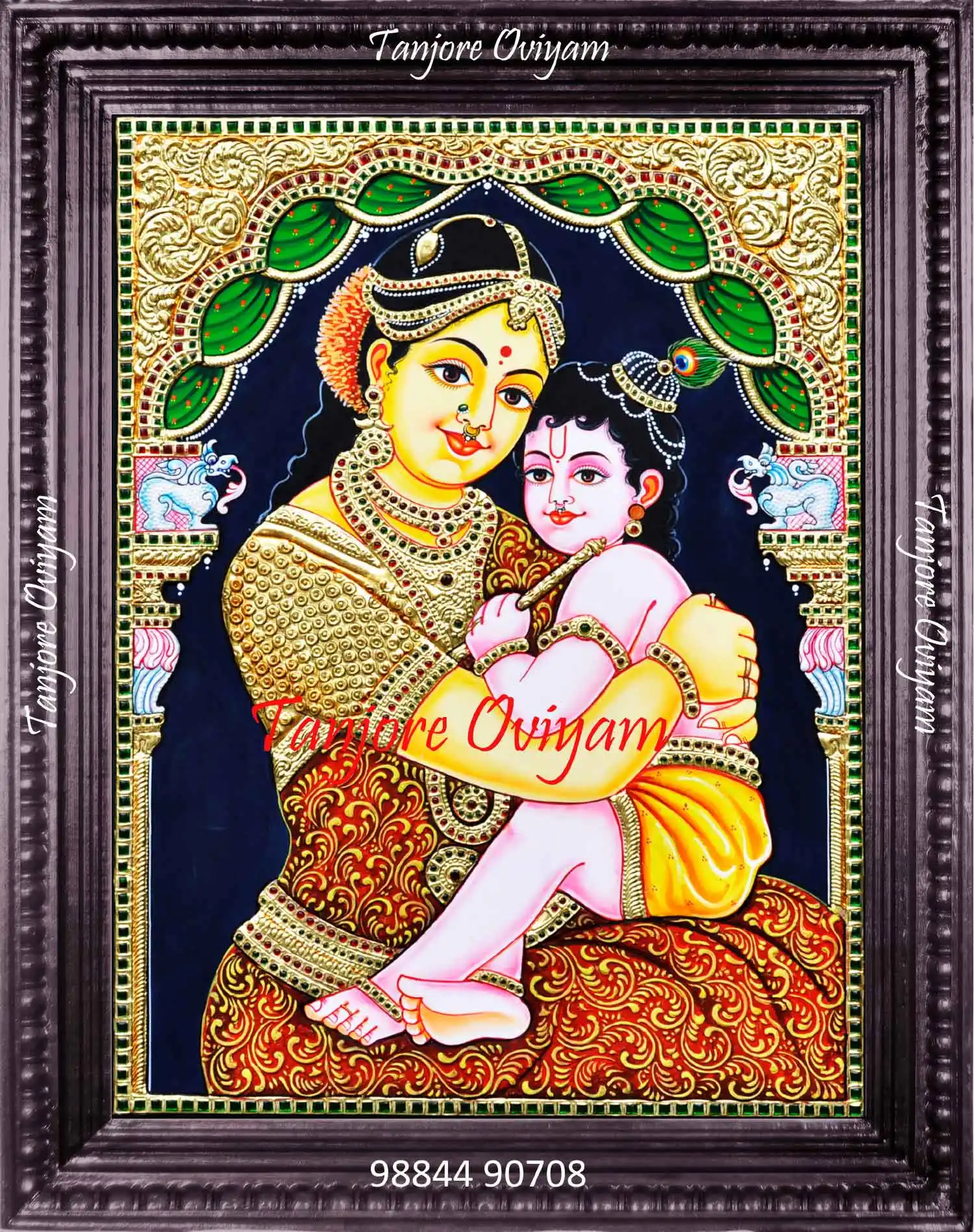 Krishna Yashodha painting depicting mother Yashoda lovingly holding baby Krishna in traditional Tanjore art